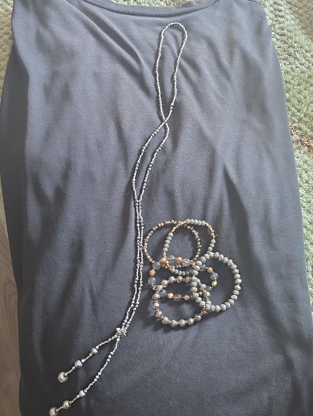 Delicate Gray Beaded Layered Necklace and Bracelet Set